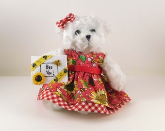 Be Yourself Encouragement Gift, Sunflower Gifts for Women in Red Dress, Sunflower Home Decor, Bee You Uplifting Gift with White Plush Bear