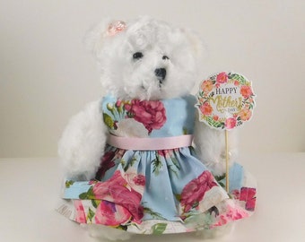 Mother's Day Gift from Daughter, Best Mom Ever Gift, White Teddy Bear Gift for Mom on Mother's Day, Blue Floral Present for Mom