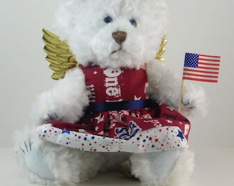 Patriotic Decoration and Home Décor, Patriotic White Plush Teddy Bear Gift, Patriotic Angel in Dark Red, White and Blue