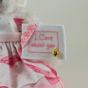 White Teddy Bear in Pink Ribbon dress, Gift for Breast Cancer Patient with cross-stitched message, Encouragement Gift for Her image 5