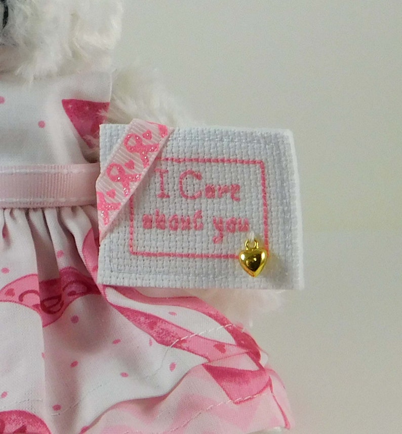 White Teddy Bear in Pink Ribbon dress, Gift for Breast Cancer Patient with cross-stitched message, Encouragement Gift for Her image 5