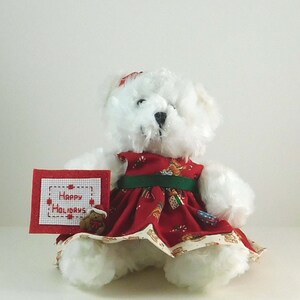 Christmas Teddy Bear Decorations in White Plush, Festive Holiday Bear Decor, Christmas Theme Bear Seasonal Greeting