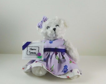 Spring Greetings Teddy Bear Gift, Springtime Decoration in Lavender, Send a Teddy Bear Gift to Celebrate Spring's Arrival, White Plushie