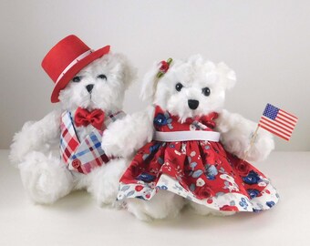 Red White and Blue USA Décor with White Plush Bears, Patriotic Decoration for 4th of July, Living Room Décor or Gift for the Holiday