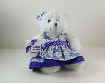 Thinking of You Gift, Purple Daisy Gifts for Women, Daisy Home Decor,  Send a Message of Love and Encouragement, White Plush Dressed Bear