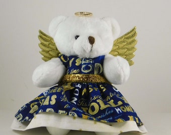 Christmas Angel Girl in Blue and Gold, Christmas Angel Bear, Christmas Decor or Gift, Teddy Bear Decor