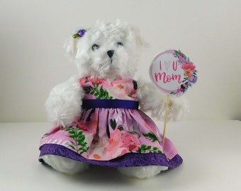 Best Mom Ever Gift, Mother's Day Gift from Daughter,  White Teddy Bear Gift for Mom on Mother's Day, Floral Gift for Mom