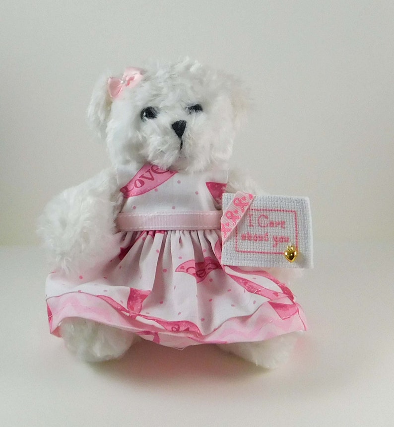 White Teddy Bear in Pink Ribbon dress, Gift for Breast Cancer Patient with cross-stitched message, Encouragement Gift for Her image 1