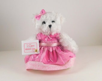 White Teddy Bear in Pink Ribbon and Hearts Dress, Gift for Breast Cancer Patient, Cross-stitched message, Encouragement Gift for Her