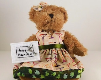 Happy Hour Teddy Bear Gift and Decor,  Martini Girl for Mom Friend or Boss with Plush Brown Teddy Bear, Unique Gift for Martini Lover