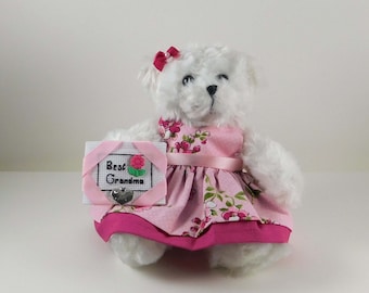 Best Grandma Gift in Pink, Teddy Bear Gift for Grandma, Plush White Teddy Bear, Grandma Gift for Mother's Day or Birthday