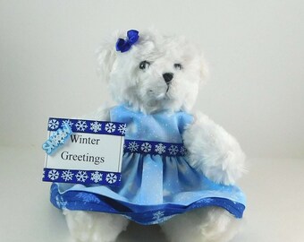 Winter Greetings Gift, Decor For Your Home, Winter Decorations in Blue, Gift for Mother Friend Coworker, White Plush Bear