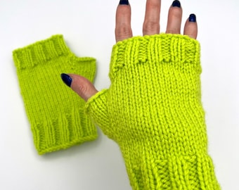 Neon Green Fingerless Gloves, Knit Festival Arm Warmers, Ribbed Hand Warmers, Rave Accessories, Raver Club Fashion
