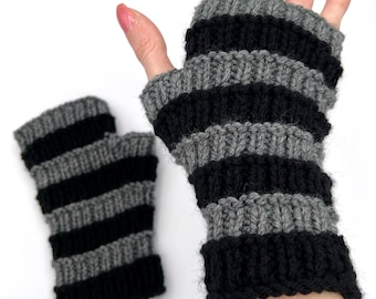 Fingerless Gloves - Gray and Black Stripe Soft Hand Knit Grunge Punk Emo Fashion Stretchy Wrist Warmers