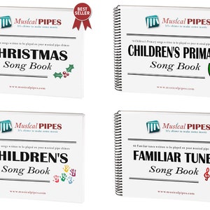 May include: Four different songbooks for musical pipes, each with a unique cover design. The covers feature the words "Christmas", "Children's Primary", "Children's", and "Familiar Tunes" along with festive imagery.