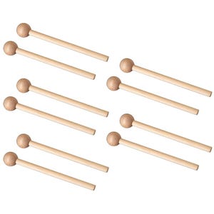 May include: A collection of ten wooden drumsticks, each featuring a rounded head and a long, slender handle. The drumsticks are made of light-colored wood and are arranged against a white background.