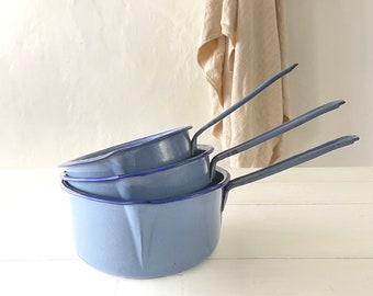 Set of 3 French Vintage 'Cornflower' Blue Enamel Saucepans