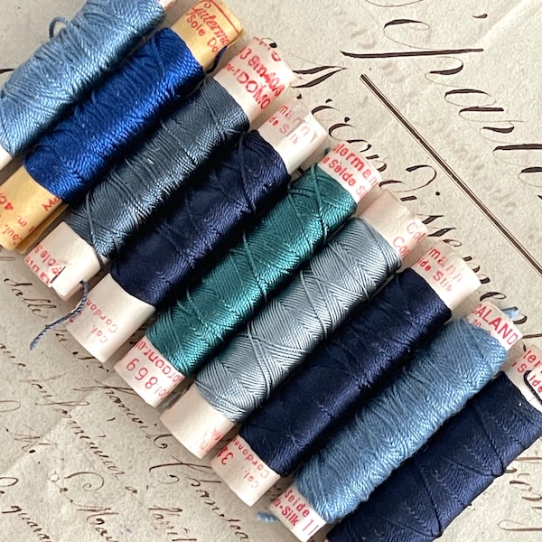 9 Vintage Pure Silk Thread Spools - Blue