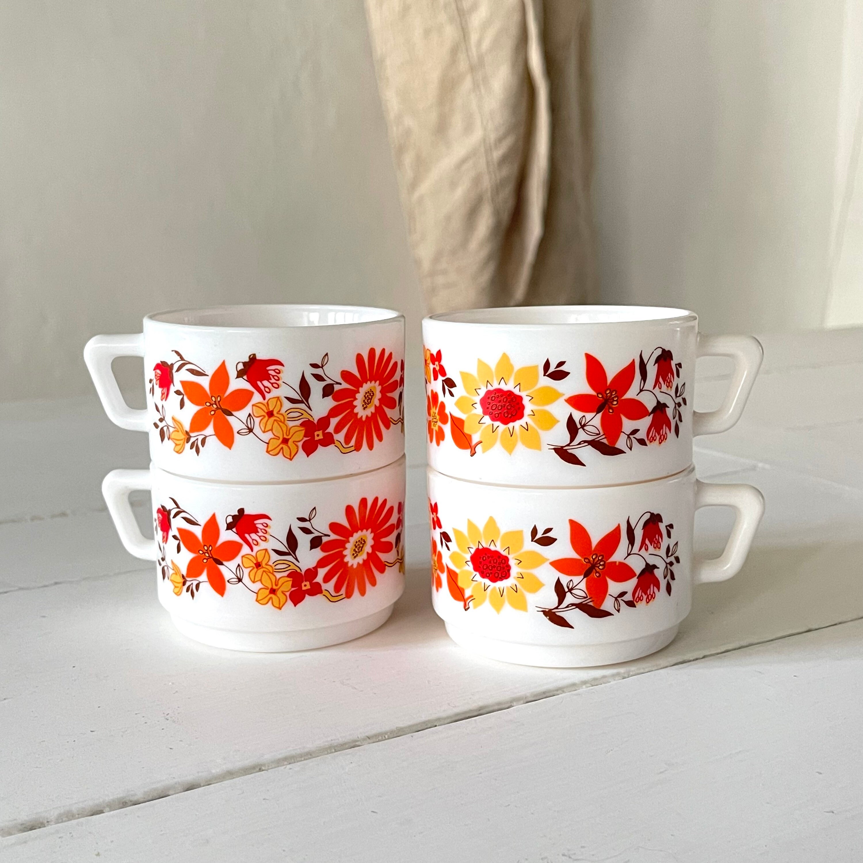 Cool 70's Français Tasses en Verre à Lait Vintage, Café ou Thé, Ensemble de 4