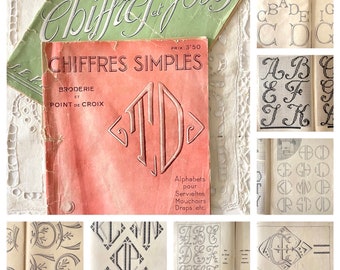 Pair of French Antique Broderie and Cross Stitch Journals 'Chiffres Simples' & 'Chiffres et Jours' Embroidery Journals, Monograms