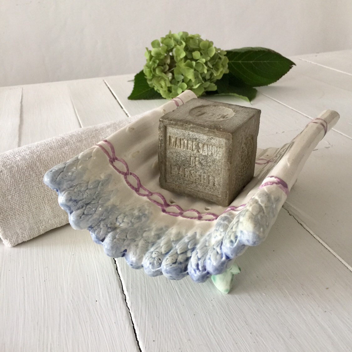 Français Ancien Berceau d'asperges en Majolique, Plat d'asperges, Porte-Savon