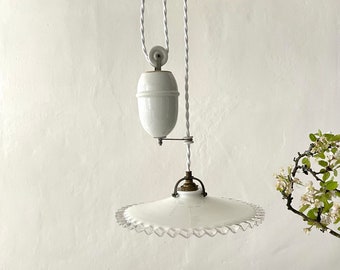 50's French Vintage Opaline Rise and Fall Counterweight Pendant Lamp