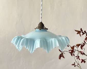 50's French Vintage Frilly Blue Pendant Lamp Kit