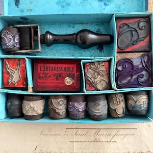 Boxed Set French Antique Embroidery Rollers & Stamp Blocks