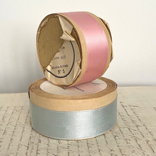 Pair French Antique Satin Ribbon-Spools, Crafting, Gift Wrap, New baby