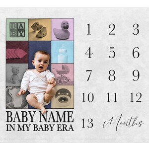 May include: A baby milestone chart with a baby in the centre surrounded by images of baby items. The chart has numbers 1 through 13 and the text "BABY NAME IN MY BABY ERA 13 Months".