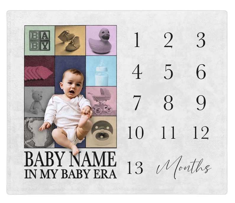 May include: A baby milestone chart with a baby in the centre surrounded by images of baby items. The chart has numbers 1 through 13 and the text "BABY NAME IN MY BABY ERA 13 Months".