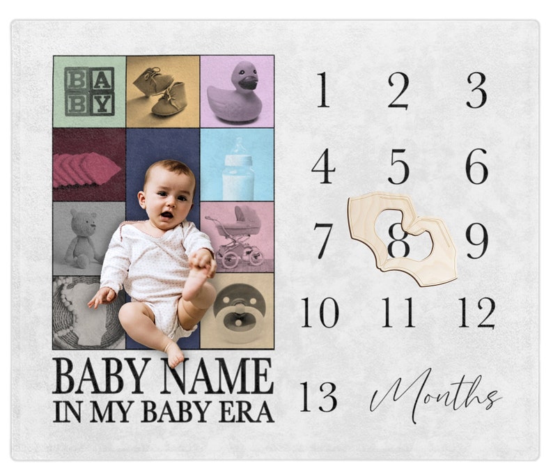 May include: A baby milestone chart with a colourful grid of images, including a baby, toys, and a baby bottle. The chart has numbers 1 through 13, with the text "BABY NAME IN MY BABY ERA" and "Months".