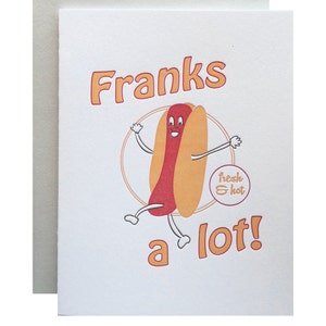 Letterpress Funny Thank You Card, Retro Hot Dog, Pun Punny, Franks a Lot,  50s 60s 1950s 1960s, Vintage Inspired, THA02
