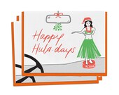 Letterpress Holiday Cards, Summer, Happy Holidays, Huladays Hula Girl, Hawaii, Dashboard Hula, Vintage, Mid Century, Hand Lettering, HOS09