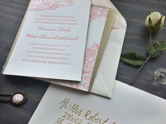 Rosa Erröten Und Gold Hochzeitseinladung Buchdruck Formelle Einladung Brokat Jacquard Suite Luxus Traditionelle Weinlese Französisch
