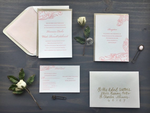 Rosa Erröten Und Gold Hochzeitseinladung Buchdruck Formelle Einladung Brokat Jacquard Suite Luxus Traditionelle Weinlese Französisch