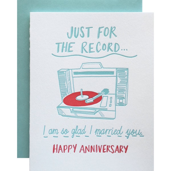 Letterpress Anniversary Card, Pun Punny Love, 70s record player, album 45, Sweet Romantic, Rocker Mid Century, Lettering Mint Green, LOA01