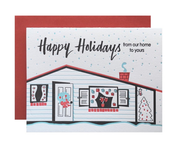letterpress christmas card single holiday card retro 70s mid century house vintage happy holidays hand lettered red black mint hol03 retro holiday card
