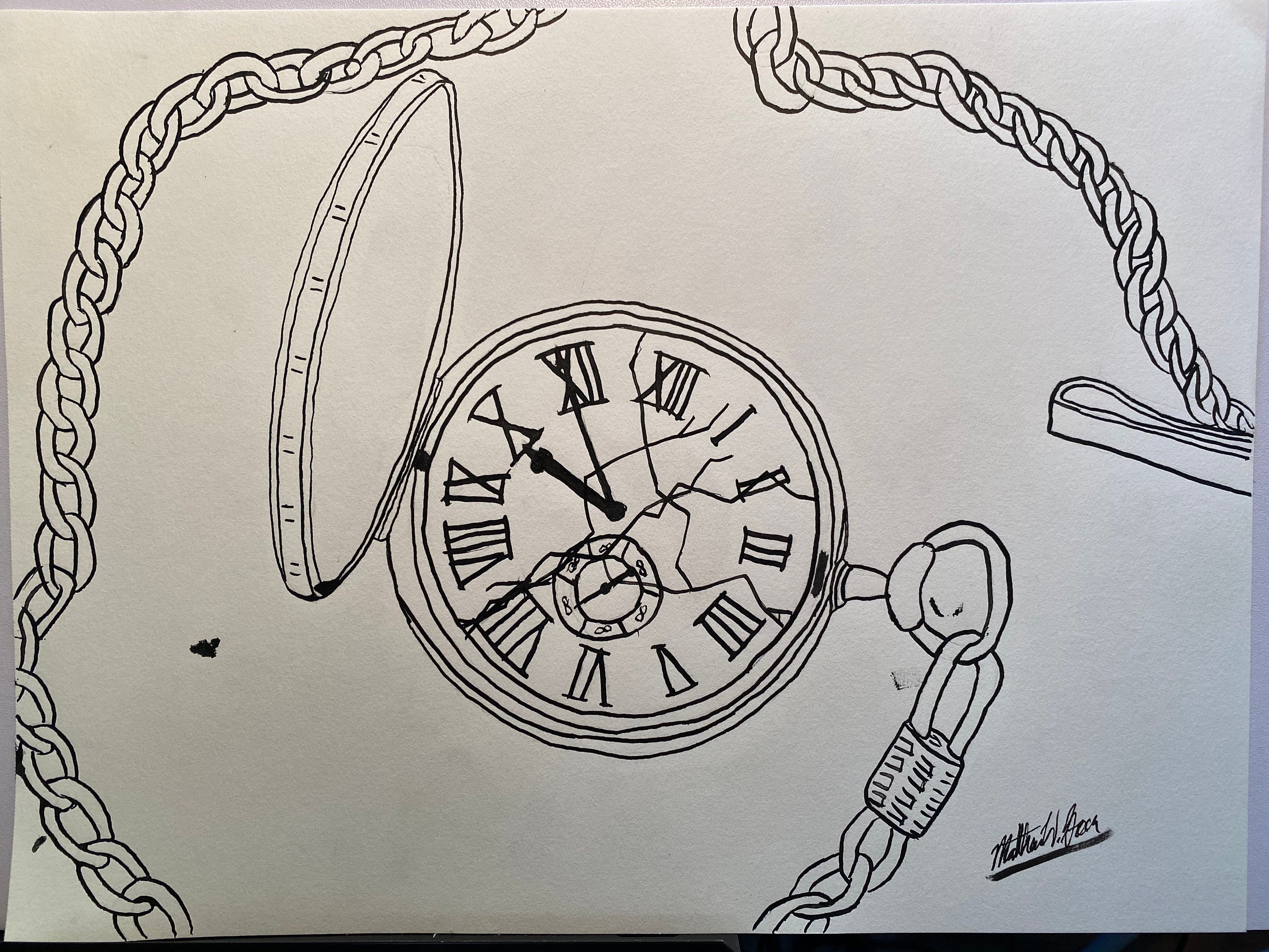 Broken Pocket Watch 2018 Ink on Paper 9 x12 Original Artwork