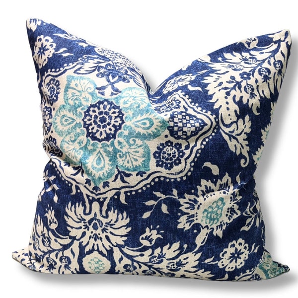 Navy Blue Floral Throw Pillow Covers, Decorative Pillow, Blue Turquoise Aqua Pillow, Accent Pillow, Magnolia Home Fashions Belmont Harbor