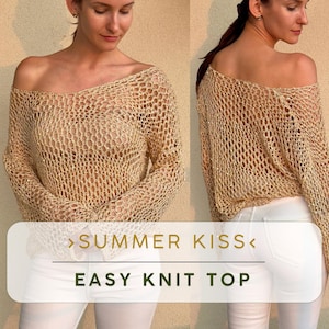 May include: A gold-colored, open-weave knit top with long sleeves and an off-the-shoulder neckline. The top is paired with white pants. Text on the image reads '>SUMMER KISS< EASY KNIT TOP'.