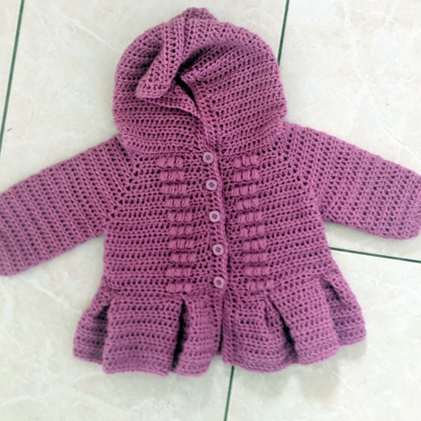 Crochet Pattern #54 –“BABY HOODED CARDIGAN”-size 3ms-3yrs.Detailed description step by step instruction and photo tutorial.Coats and dress