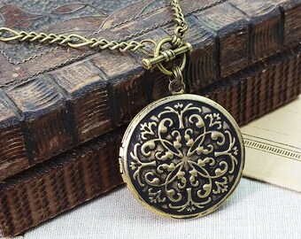 Victorian Locket Necklace, Ornate Antiqued Brass Pendant with Long Figaro Chain, Handmade Keepsake Gift
