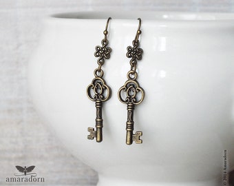Vintage Style Skeleton Key Earrings, Old World Antique Bronze Earrings, Victorian Style Keys, Steampunk Jewellery, Handmade UK