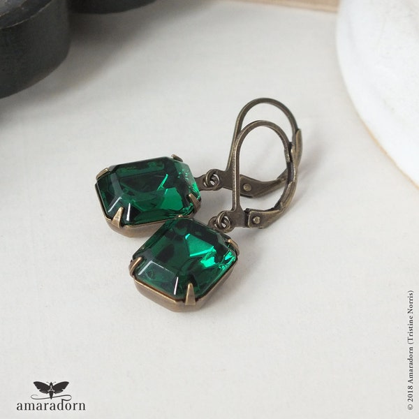 Classic Emerald Green Rhinestone Earrings, Art Deco Earrings with Vintage Austrian Crystal, Handmade UK