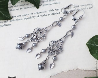 Art Nouveau Style Chandelier Earrings, Long Silver Grey Pearl Floral Earrings, Handmade Elven Jewellery, UK