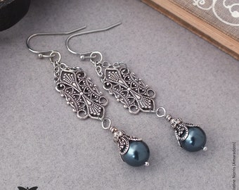 Victorian Style Dusky Teal Blue Pearl Dangly Earrings, Antiqued Silver Filigree, Handmade UK