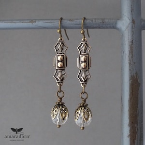 Art Deco Earrings, Edwardian Style Antiqued Gold and Crystal Jewellery, 1920's Gatsby, Handmade UK