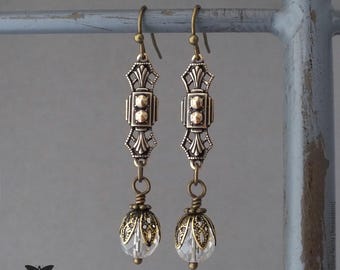 Art Deco Earrings, Edwardian Style Antiqued Gold and Crystal Jewellery, 1920's Gatsby, Handmade UK