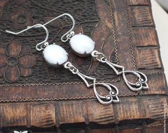 Art Nouveau and Faux Moonstone Earrings, Antiqued Silver Filigree Drop Earring, Elven Fae Jewellery, Handmade UK